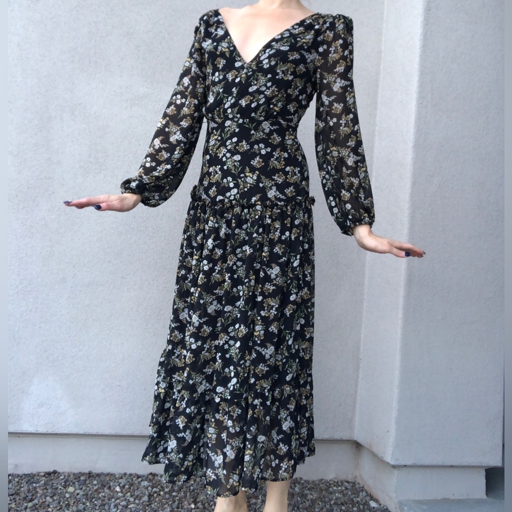 ASTR the label bohemian maxi black yellow floral long sleeve dress - Picture 3 of 14